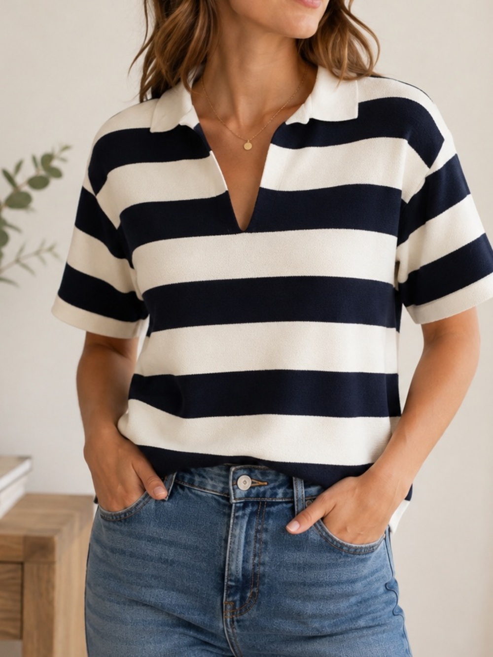 Tahari Striped Top - Navy & White